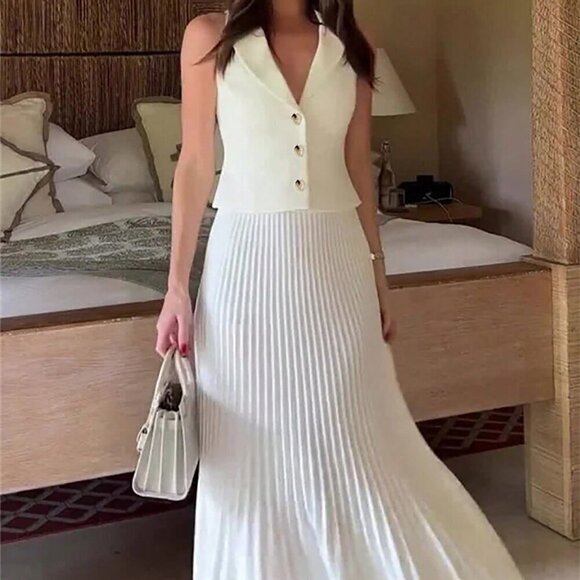 White Boho Women's Summer Elegant Collared Vest With Pleated Skirt - Picture 1 of 5